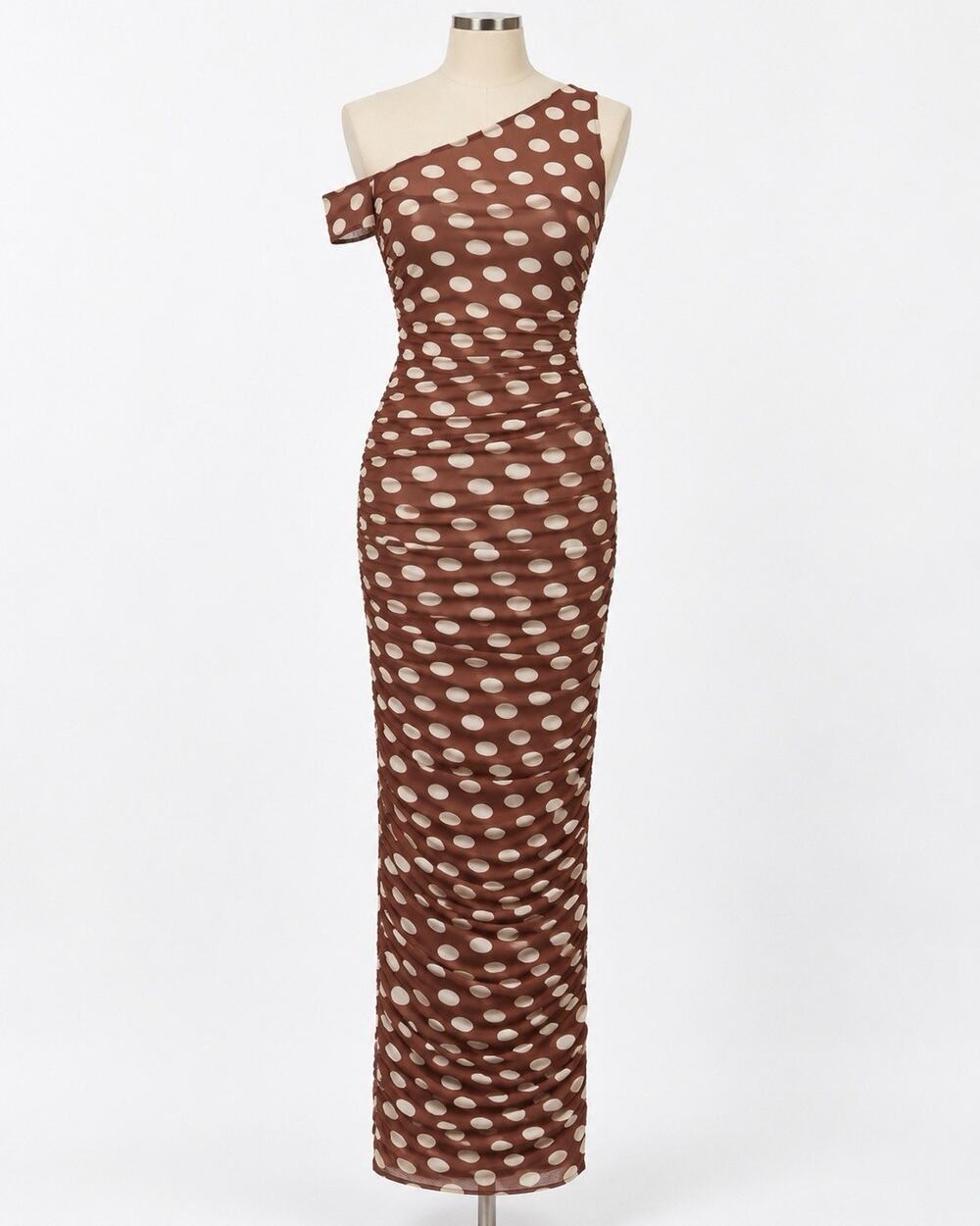 AFRM Biona Printed One-Shoulder Ruched Mesh Maxi Dress Large Chocolate Halo Dot